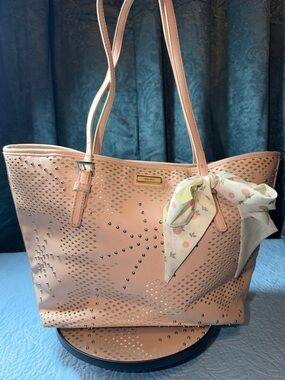 Nine West Peach Perforated Tote with Scarf Accent 16 x 10